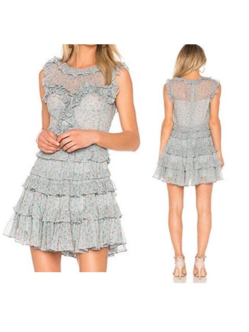 Rebecca Taylor Ruffle Trimmed Floral Vine Silk Mini Dress, in Mint, Size 4, NWT